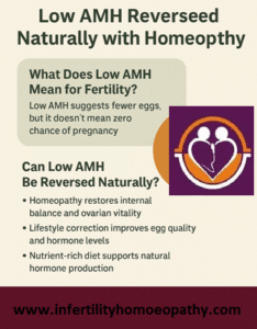 “low AMH reversed naturally with homeopathy infographic by Carewell Homoeopathic Fertility Clinic Kerala”