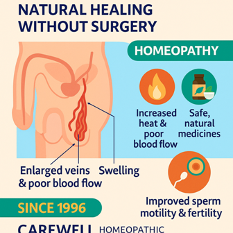 Infographic showing causes, symptoms, and homeopathic treatment for varicocele and male infertility at Carewell Homeopathic Fertility Clinic Kerala
