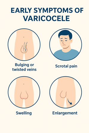 “Early symptoms of varicocele showing scrotal pain, swelling, and heaviness — Carewell Homeopathic Fertility Clinic, Thrissur, Kerala.”