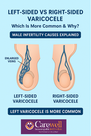 “Left and right varicocele comparison showing why left varicocele is more common in male infertility.”
