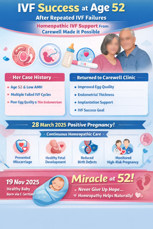 IVF success at age 52 after repeated IVF failures with homeopathic IVF support from Carewell Homeopathic Fertility Clinic