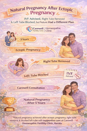 Natural pregnancy after ectopic pregnancy with right tube removal and blocked fallopian tube at Carewell Fertility Clinic Kerala