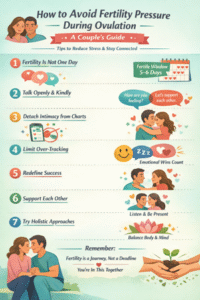 Infographic explaining how ovulation timing stress affects fertility and how stress-free intimacy and homeopathy can support natural conception.