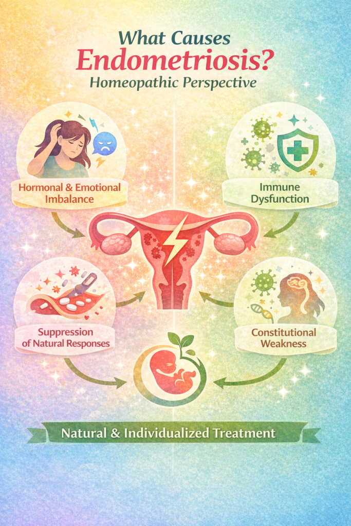 Illustration showing biological and holistic causes of endometriosis including hormonal imbalance, immune dysfunction, inflammation, and reproductive system involvement.
