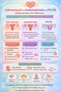 Comparison infographic explaining differences between adenomyosis and endometriosis symptoms and fertility effects.