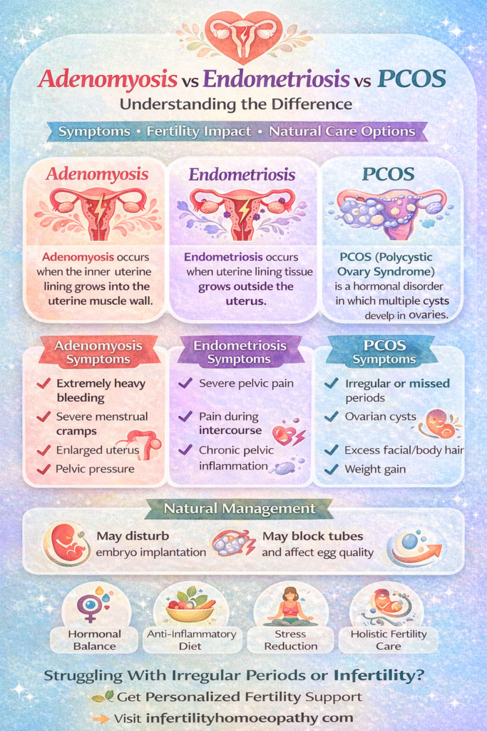 Comparison infographic explaining differences between adenomyosis and endometriosis symptoms and fertility effects.
