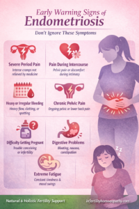 Early warning signs of endometriosis including severe menstrual pain, fertility problems, pelvic pain and digestive symptoms infographic