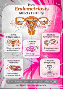 How endometriosis causes infertility and affects pregnancy chances infographic.