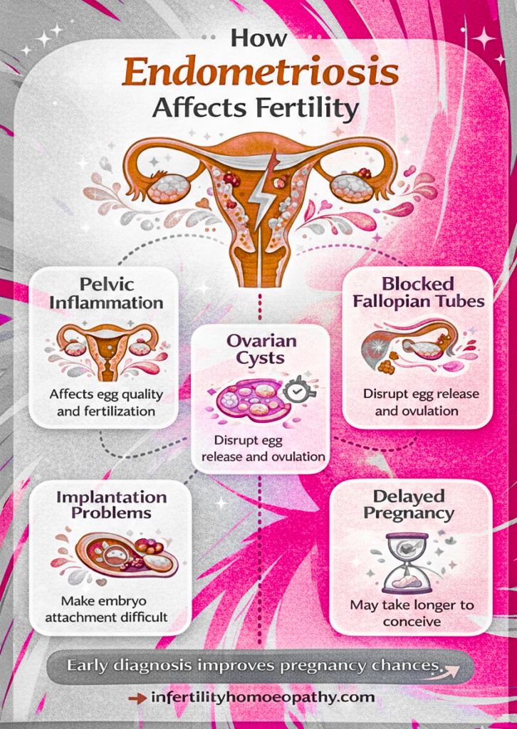 How endometriosis causes infertility and affects pregnancy chances infographic.