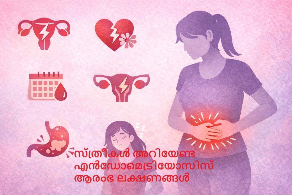 എൻഡോമെട്രിയോസിസ് ആരംഭ ലക്ഷണങ്ങൾ വിശദീകരിക്കുന്ന ഇൻഫോഗ്രാഫിക് ചിത്രം