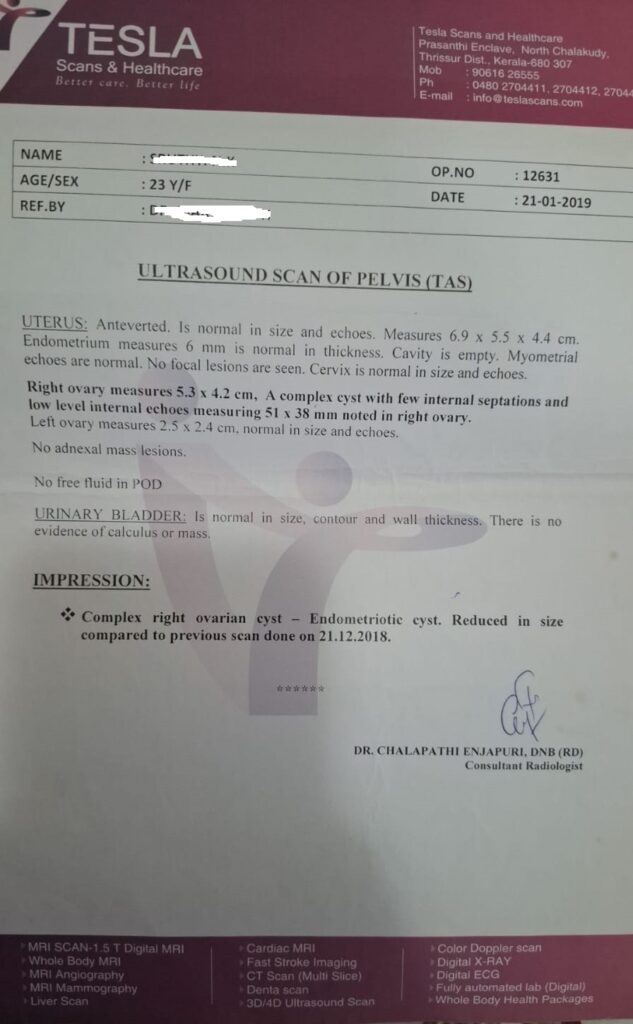 Ultrasound showing endometriotic cyst before homeopathic treatment