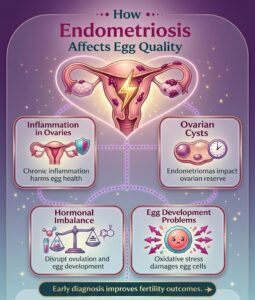 Infographic explaining how endometriosis affects egg quality and fertility.