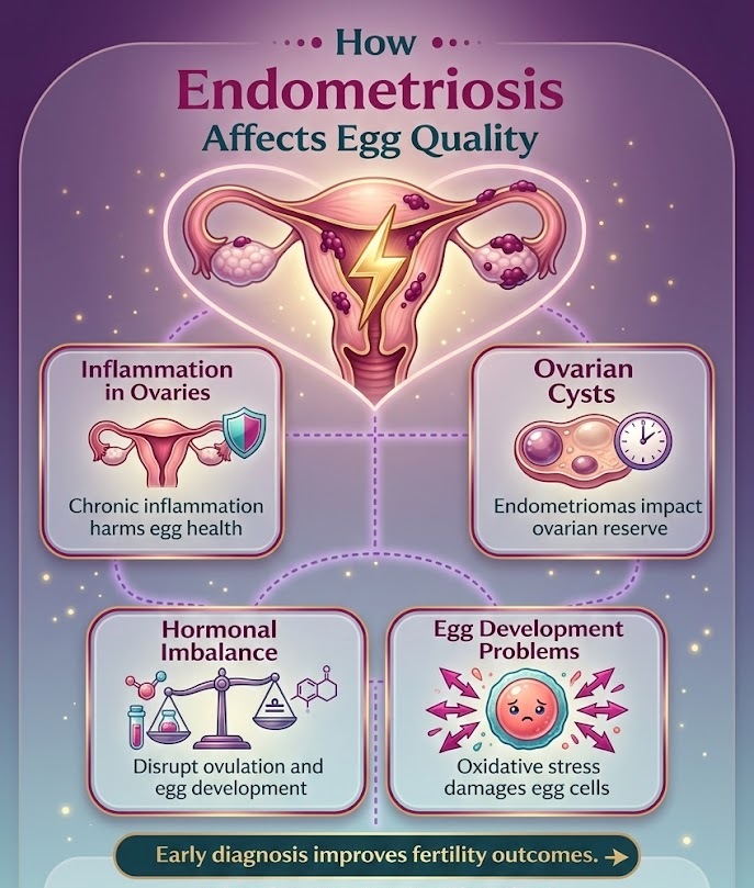 Infographic explaining how endometriosis affects egg quality and fertility.