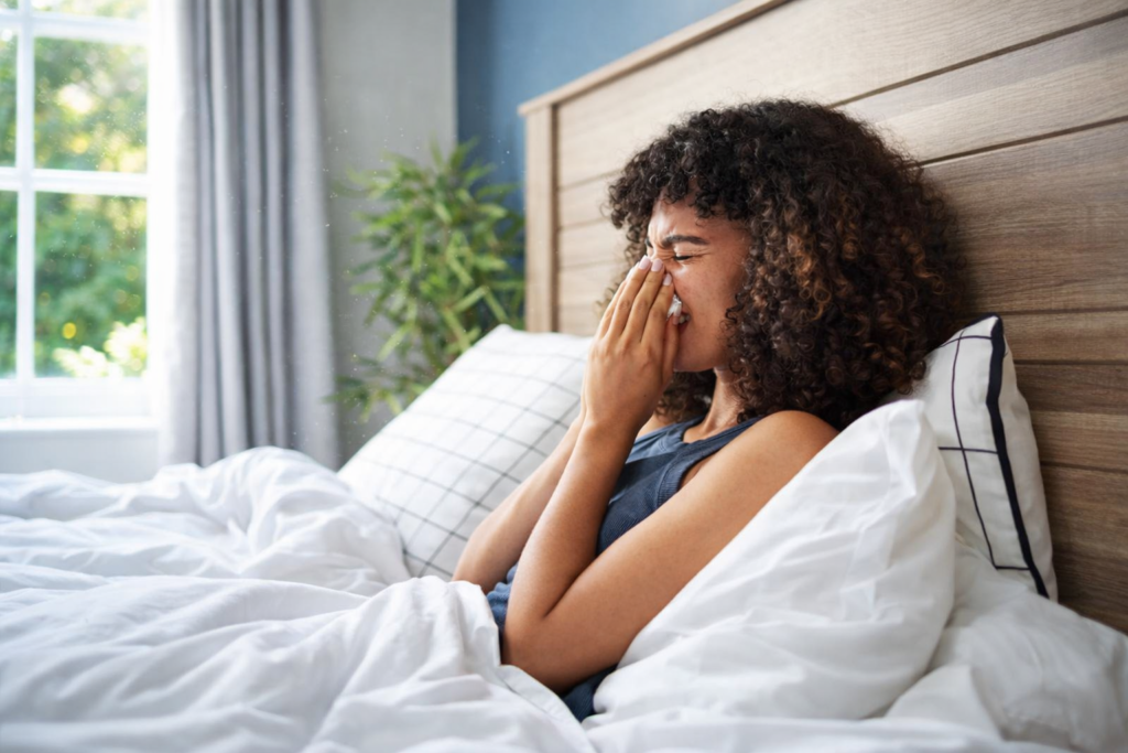 Woman sneezing in bed due to dust allergy and allergic rhinitis symptoms