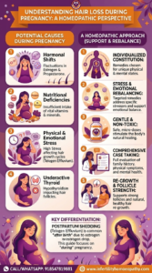 "Infographic titled 'Understanding Hair Loss During Pregnancy: A Homeopathic Perspective' explaining causes like hormonal shifts and stress, alongside homeopathic approaches to rebalance and support hair growth."