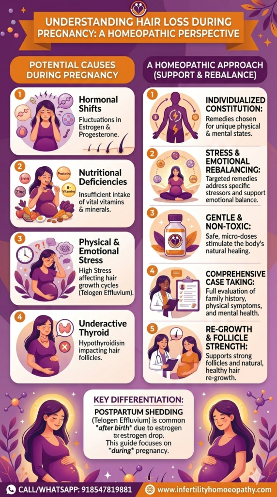 "Infographic titled 'Understanding Hair Loss During Pregnancy: A Homeopathic Perspective' explaining causes like hormonal shifts and stress, alongside homeopathic approaches to rebalance and support hair growth."