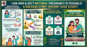 Infographic showing a clinical success story for low AMH and low AFC treatment through homoeopathy. It features laboratory data of AMH levels below 0.5 ng/mL and a successful pregnancy confirmation with a heartbeat at 6 weeks, highlighting the non-invasive fertility solutions at Carewell Clinic, Kerala.
