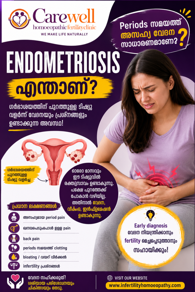 Periods സമയത്തെ അസഹ്യ വേദന സാധാരണമാണോ? Endometriosis എന്താണ്, അതിന്റെ ലക്ഷണങ്ങൾ, infertility യുമായുള്ള ബന്ധം, early diagnosis ന്റെ പ്രാധാന്യം എന്നിവ മനസിലാക്കൂ.